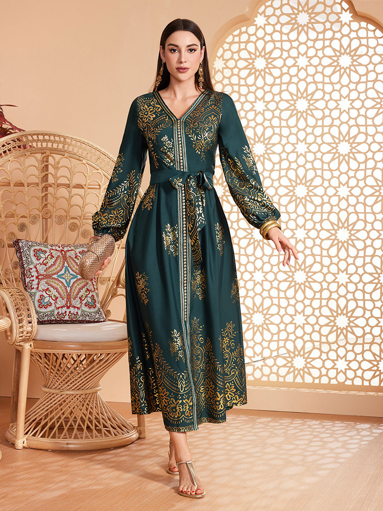 Middle East Muslim WomenS Fashion Dress Evening Lantern Sleeve Dress Spot